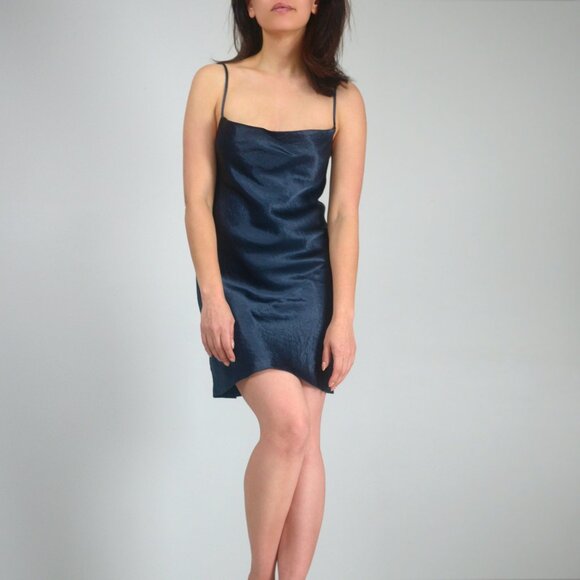 Aritzia Babaton Model Dress, Blue Satin Cowl-Neck Mini, Cami Slip Dress, sz XS - Picture 3 of 16